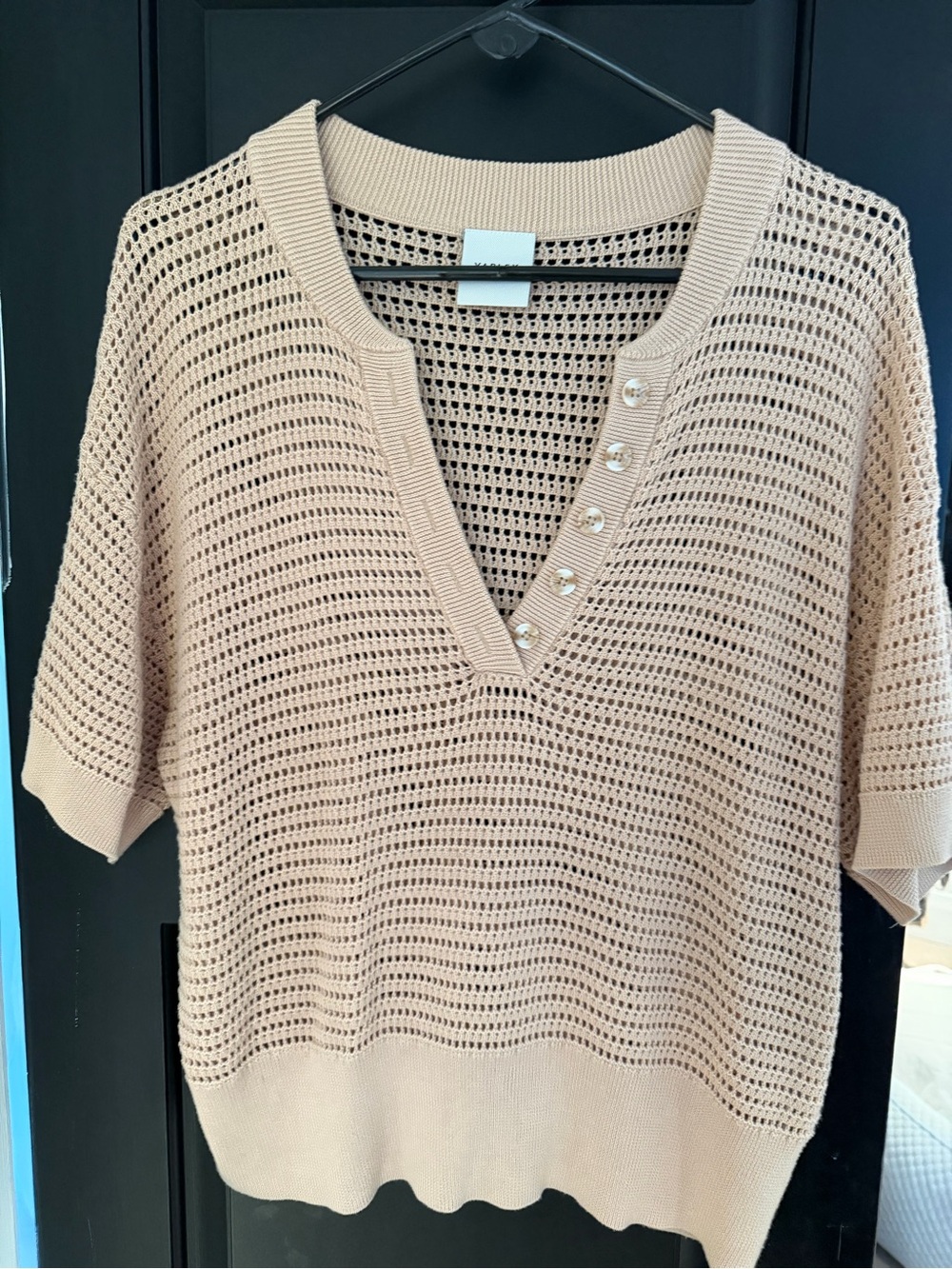Barley Beige Open-Knit V-Neck Sweater with Button Detail